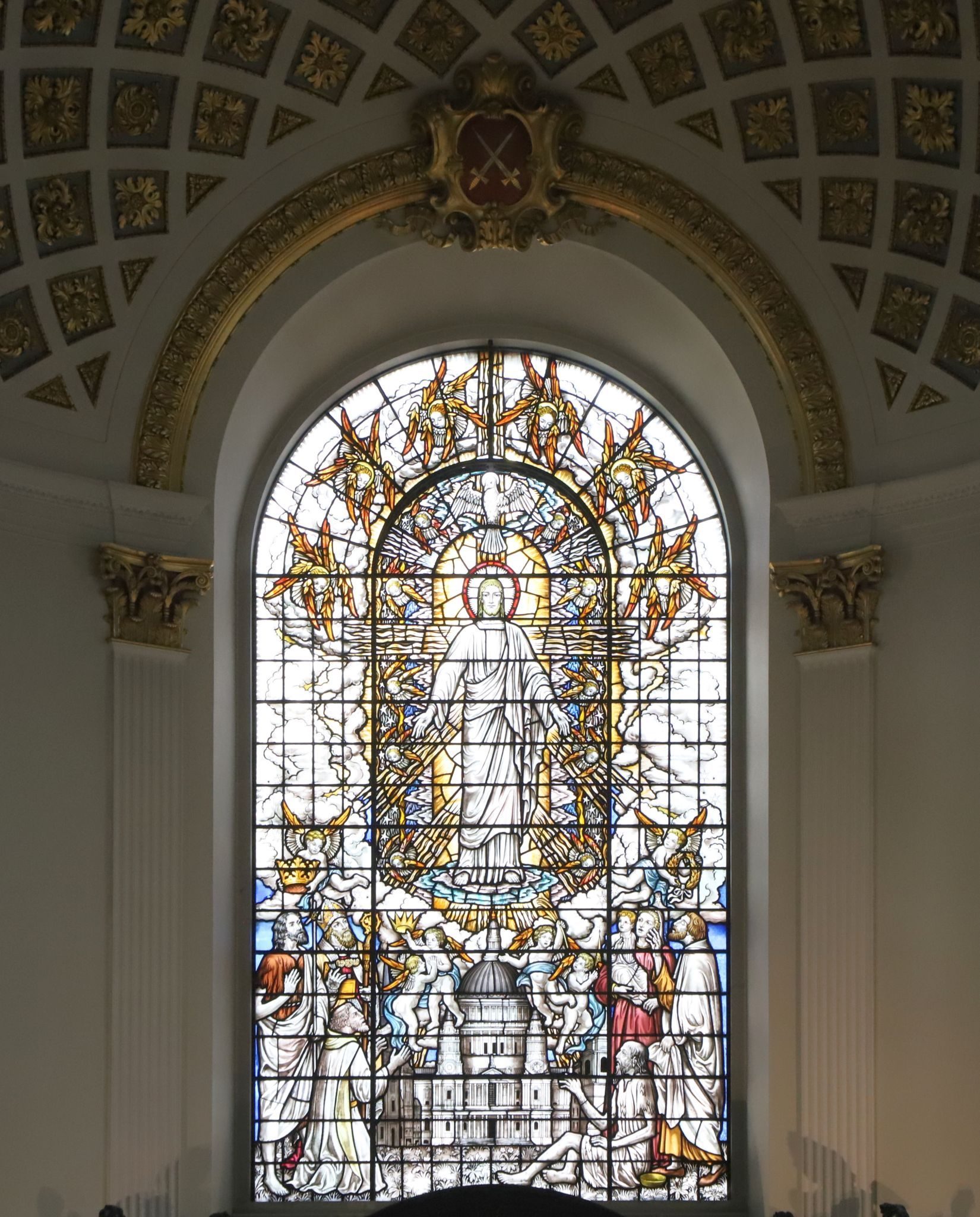 Stained glass window above the altar of St Clement Danes church in The Strand, London. Central Church of the RAF. 23-Sep-2023.