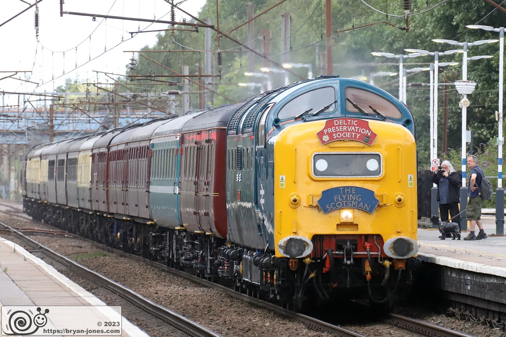 Preserved British Rail Class 55 Deltic 55009 "Alycidon" coasts through Finsbury Park's platform four as it slows for the final stop at London King's Cross. It had come from Willington for the Deltic Preservation Society. 29-Jul-2023.