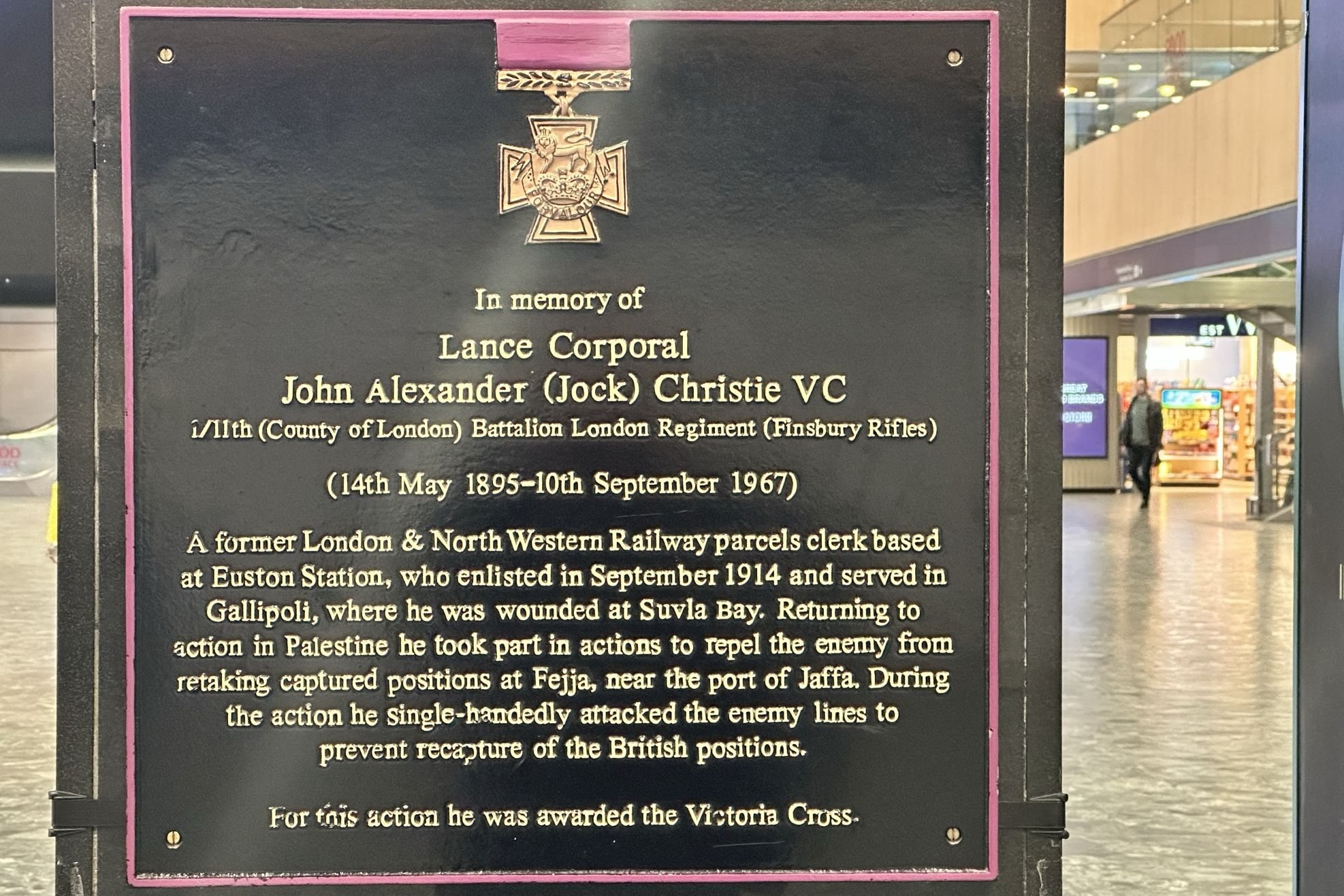 John "Jock" Christie VC memorial plaque at Euston railway station in London. Victoria Cross.