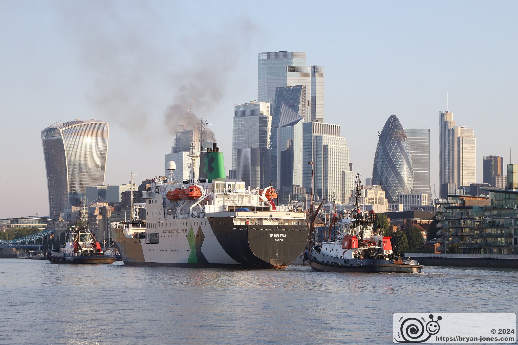 Extreme E car racing support ship St Helena sails up the River Thames into London. 26-Jun-2024. Formerly RMS St Helena.