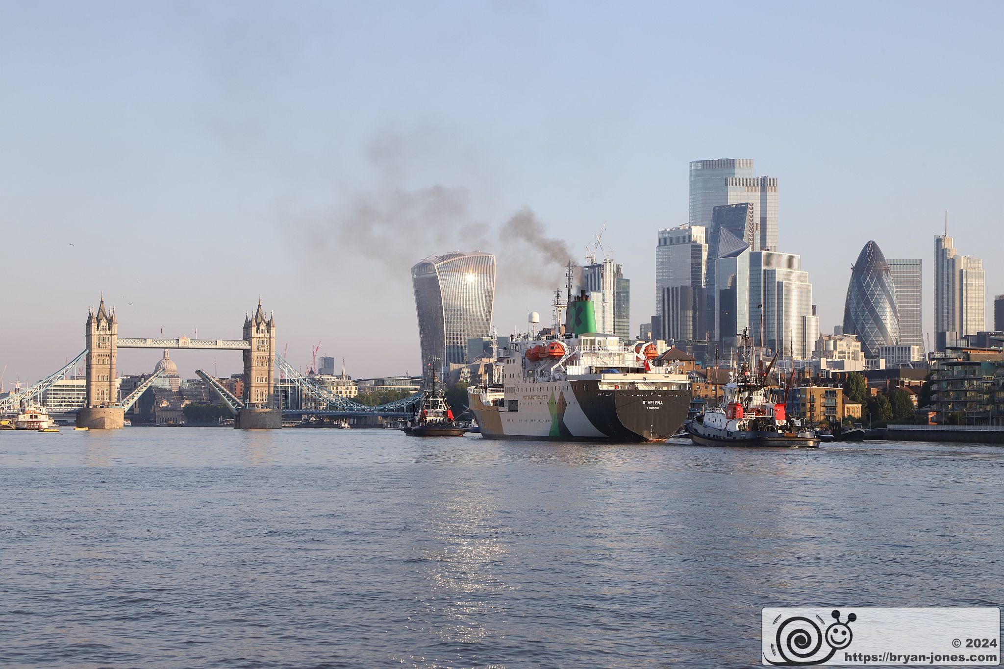 Extreme E car racing support ship St Helena sails up the River Thames into London. 26-Jun-2024. Formerly RMS St Helena.