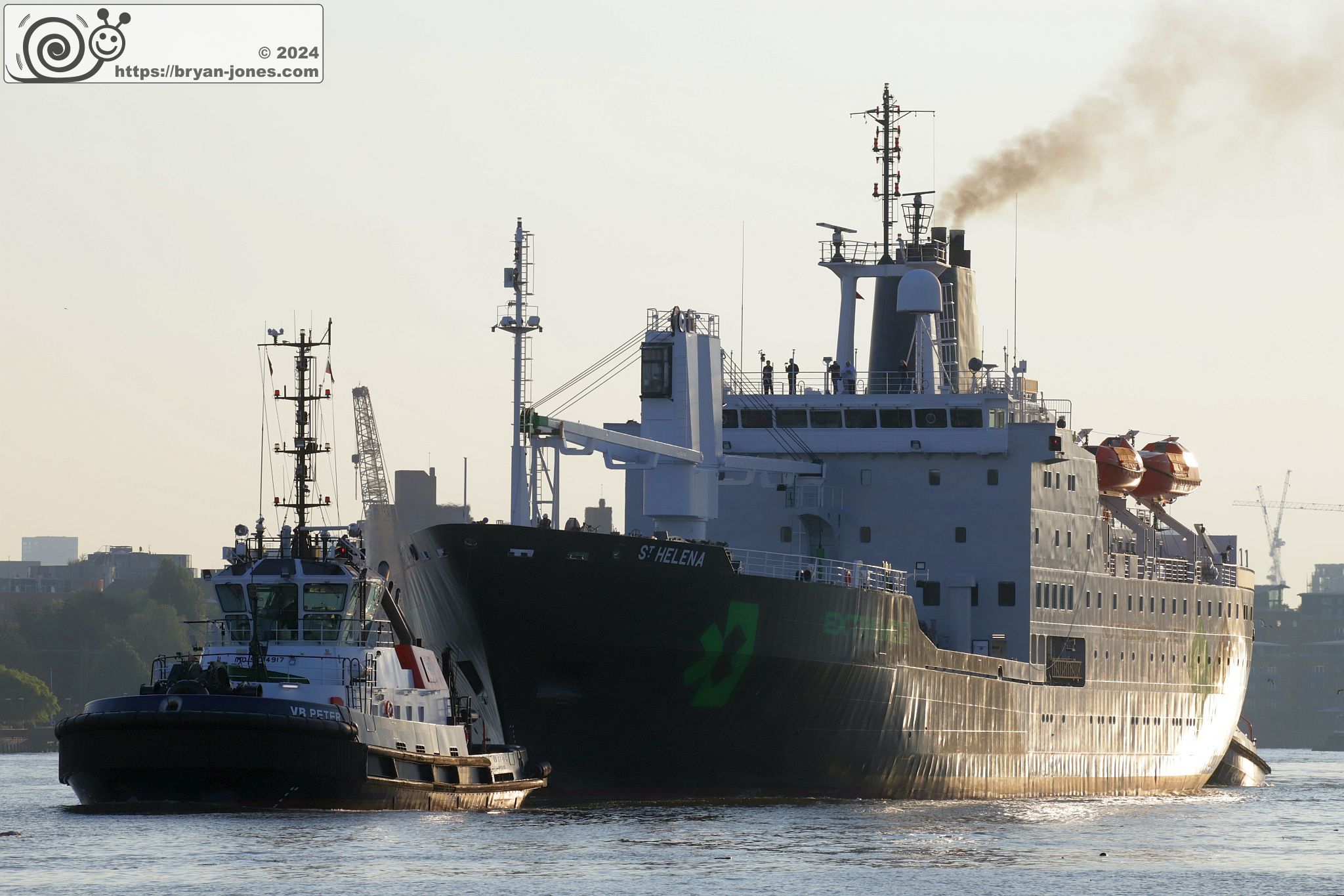 Extreme E car racing support ship St Helena sails up the River Thames into London. 26-Jun-2024. Formerly RMS St Helena.