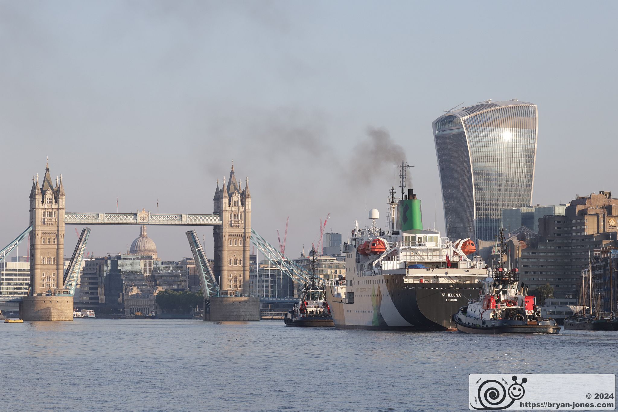 Extreme E car racing support ship St Helena sails up the River Thames into London. 26-Jun-2024. Formerly RMS St Helena.