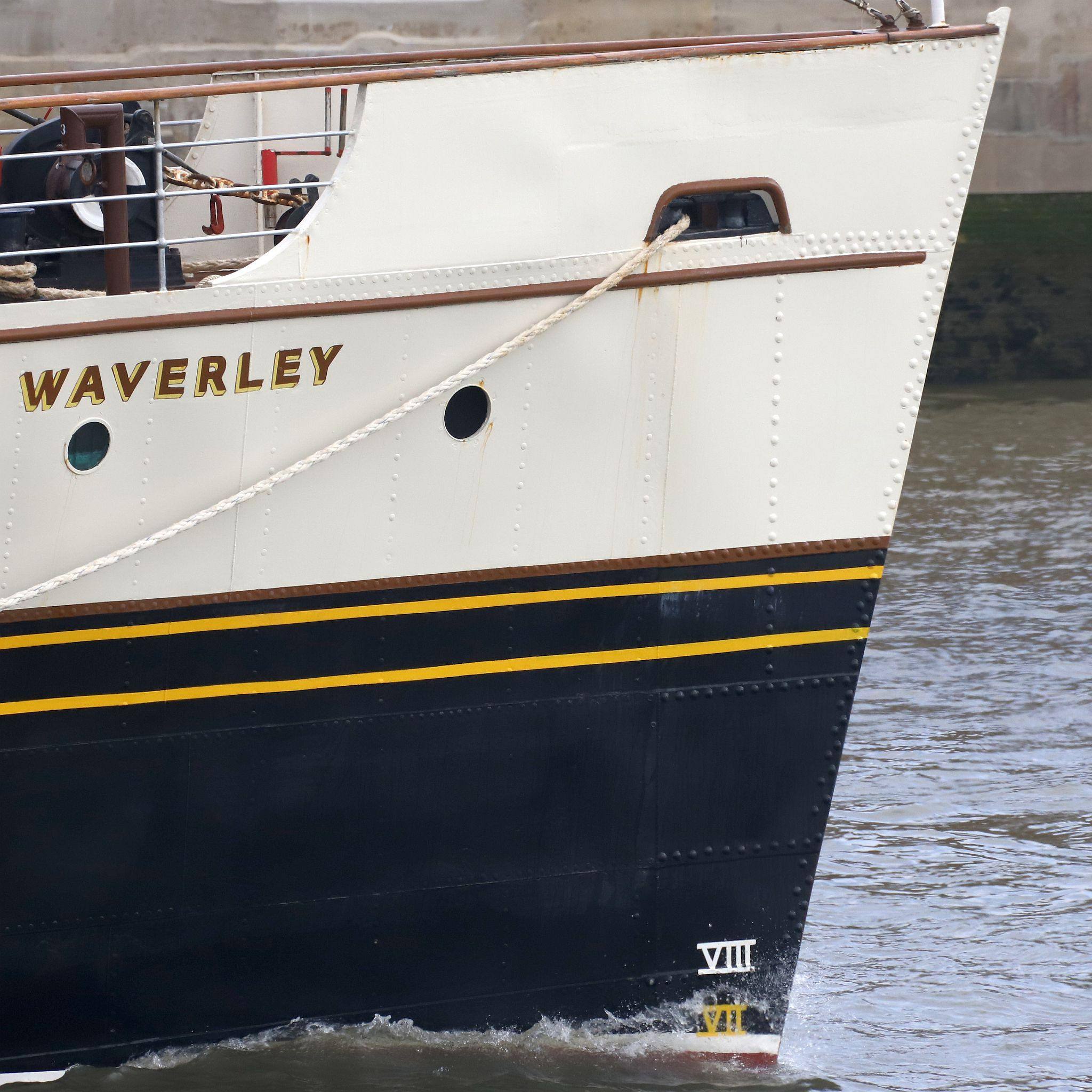 Paddle Steamer Waverley sails down the River Thames towards the sea. 24-Sep-2023. The bow cuts through the river.