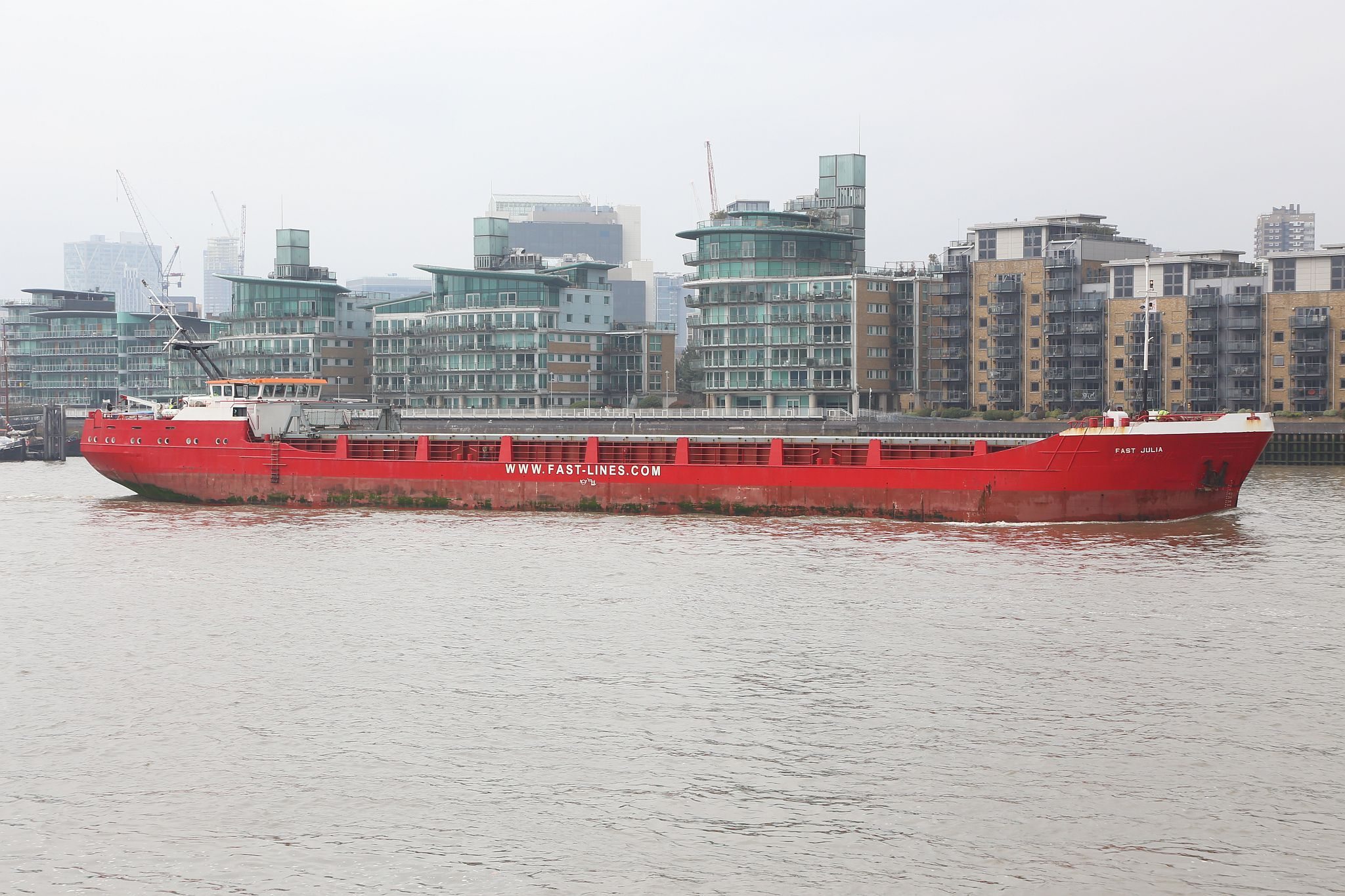 Ship \"Fast Julia\" owned by Fast Lines on the River Thames in London, 24-Mar-2018