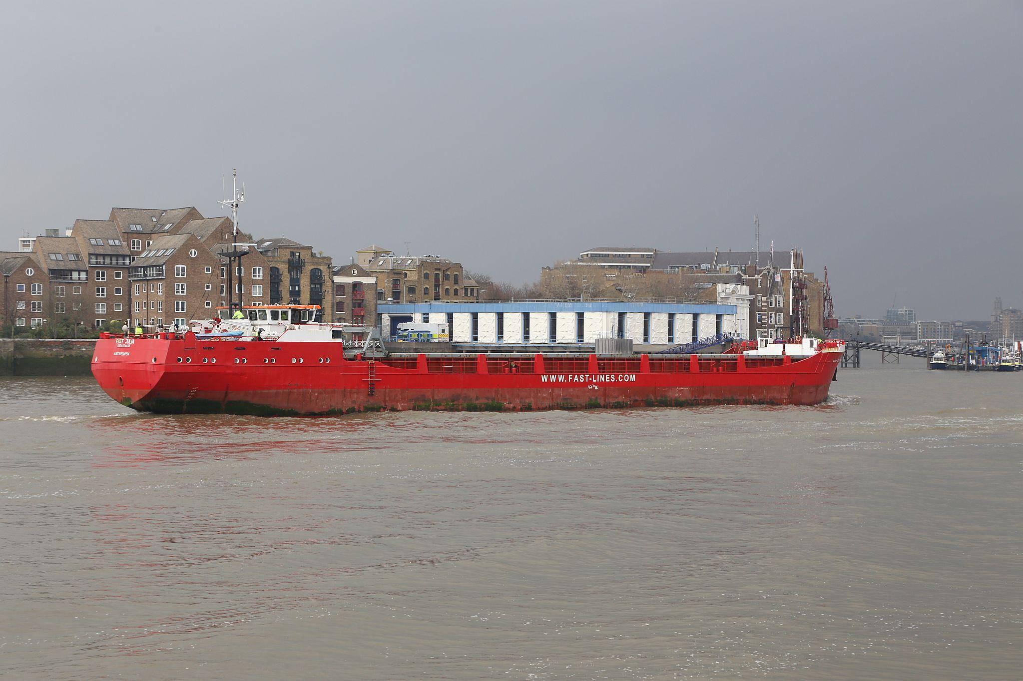 Ship \"Fast Julia\" owned by Fast Lines on the River Thames in London, 24-Mar-2018