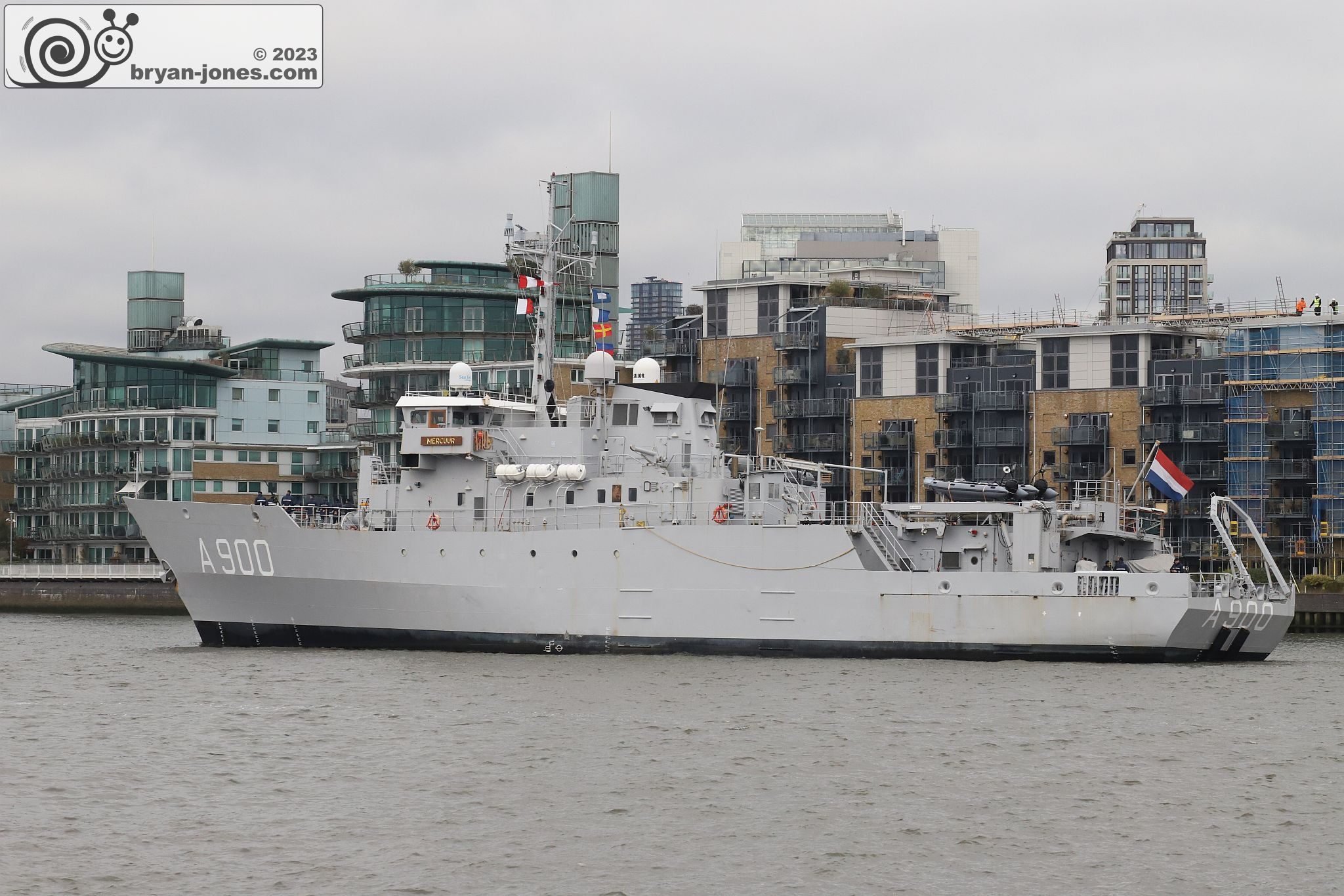 Dutch Navy submarine support ship A900 HNLMS Mercuur sails up the River Thames, London. 23-Nov-2023.