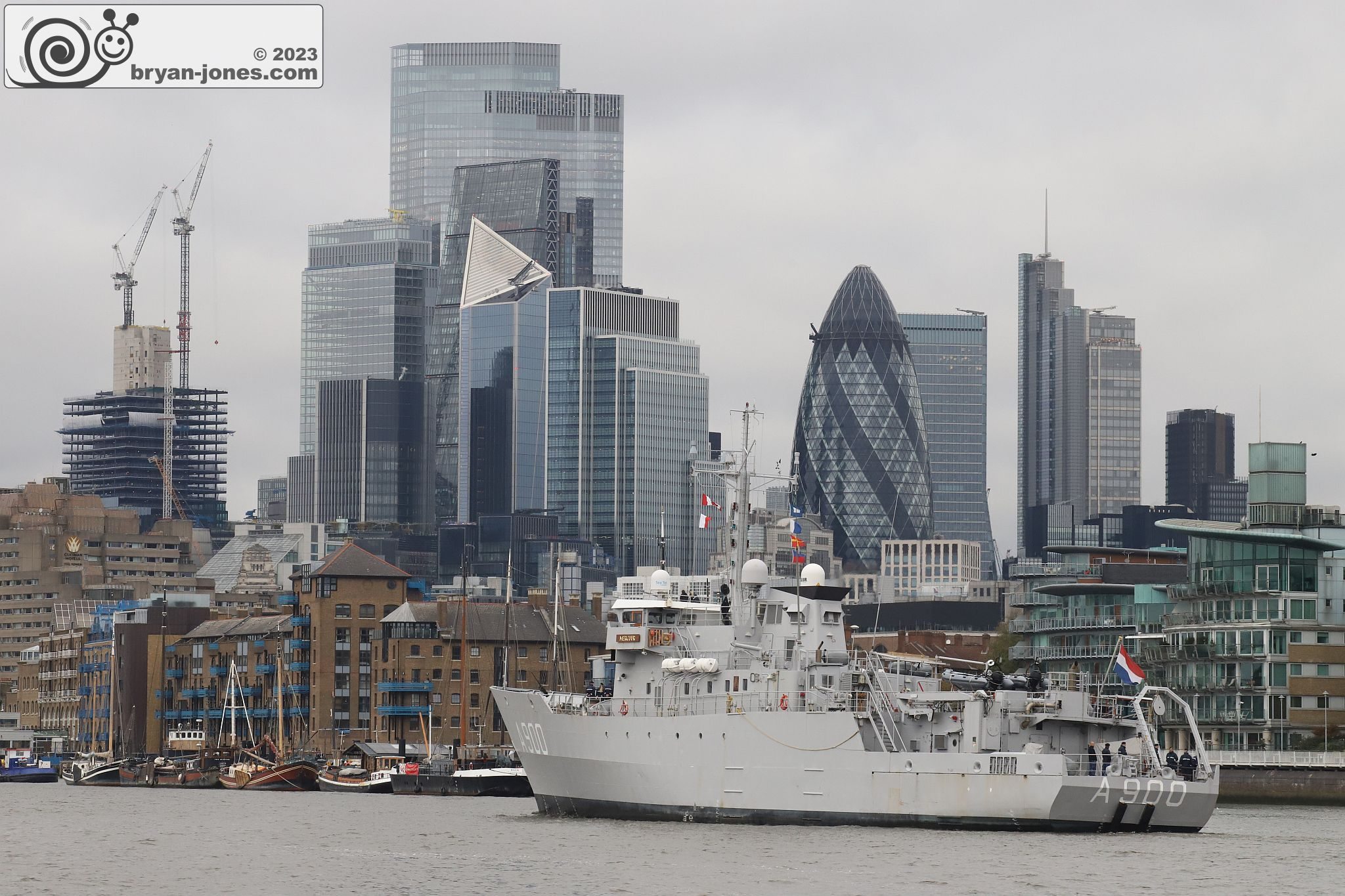 Dutch Navy submarine support ship A900 HNLMS Mercuur sails up the River Thames, London. 23-Nov-2023.