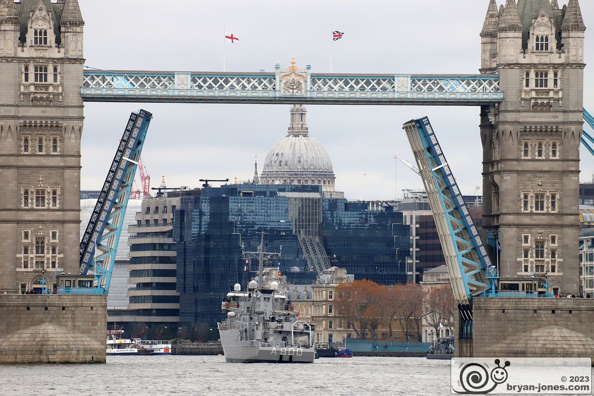 Dutch Navy submarine support ship A900 HNLMS Mercuur sails up the River Thames, London. 23-Nov-2023.