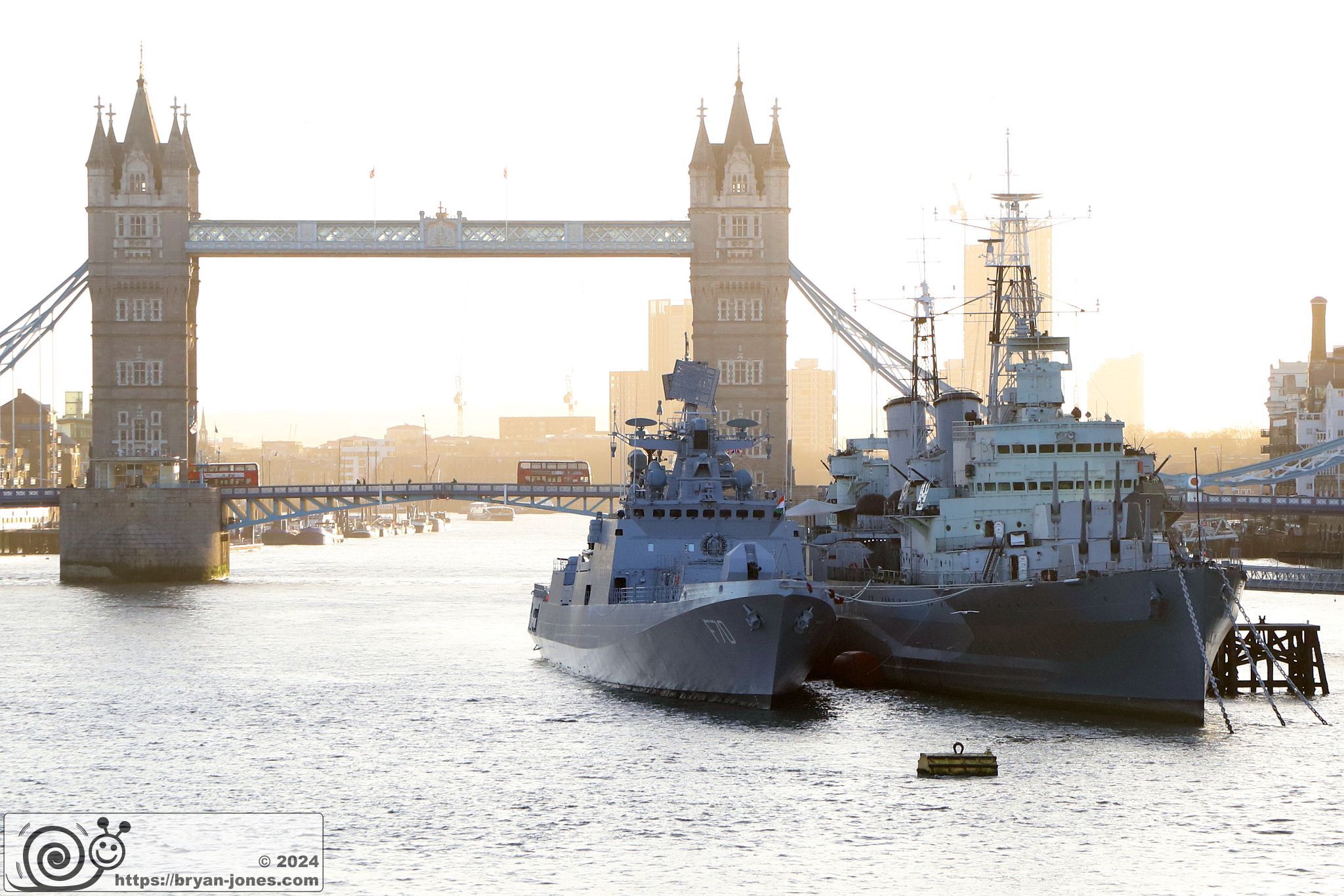 Indian Navy Ship INS Tushil by Tower Bridge, London. 23-Dec-2027