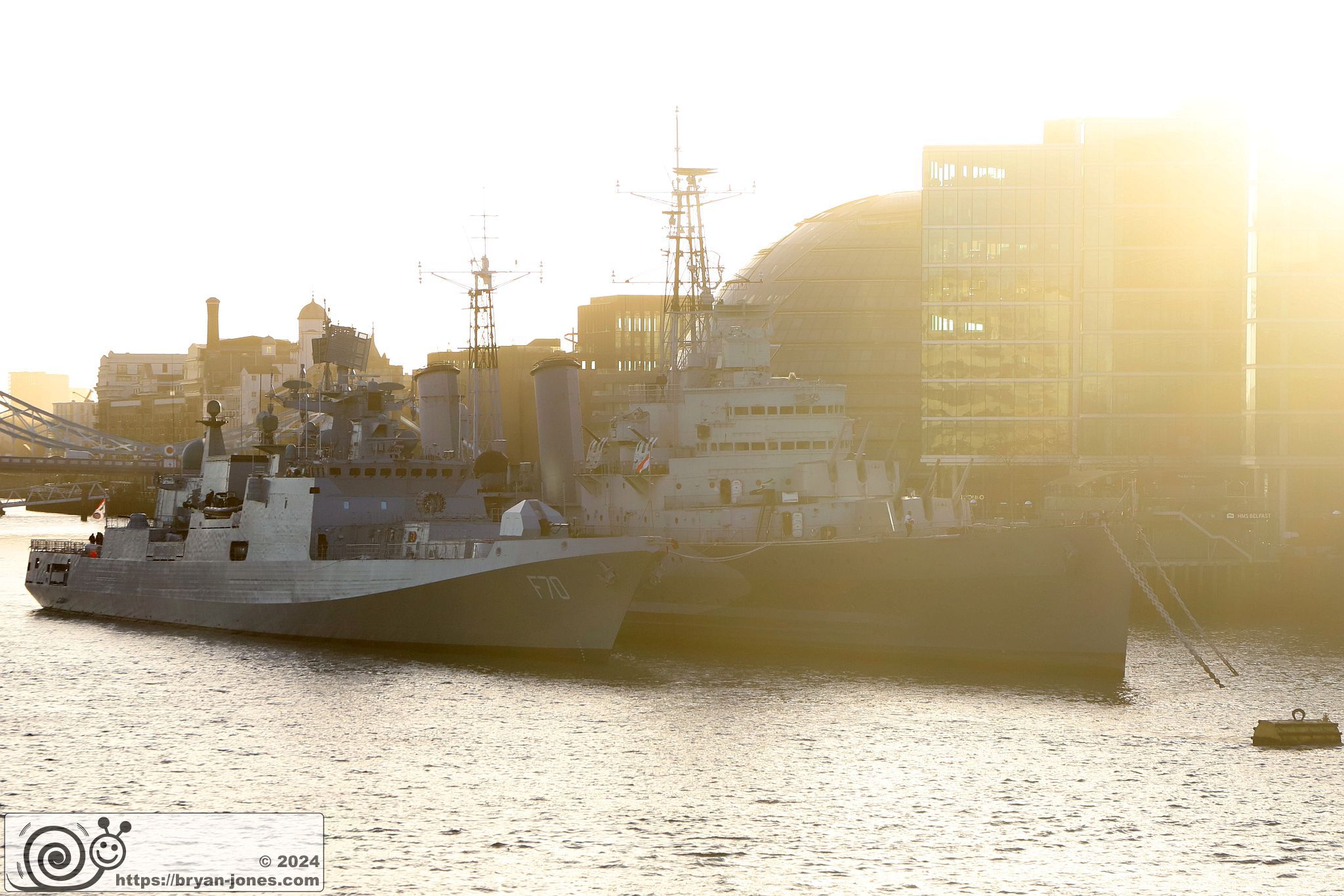 Indian Navy Ship INS Tushil by Tower Bridge, London. 23-Dec-2024
