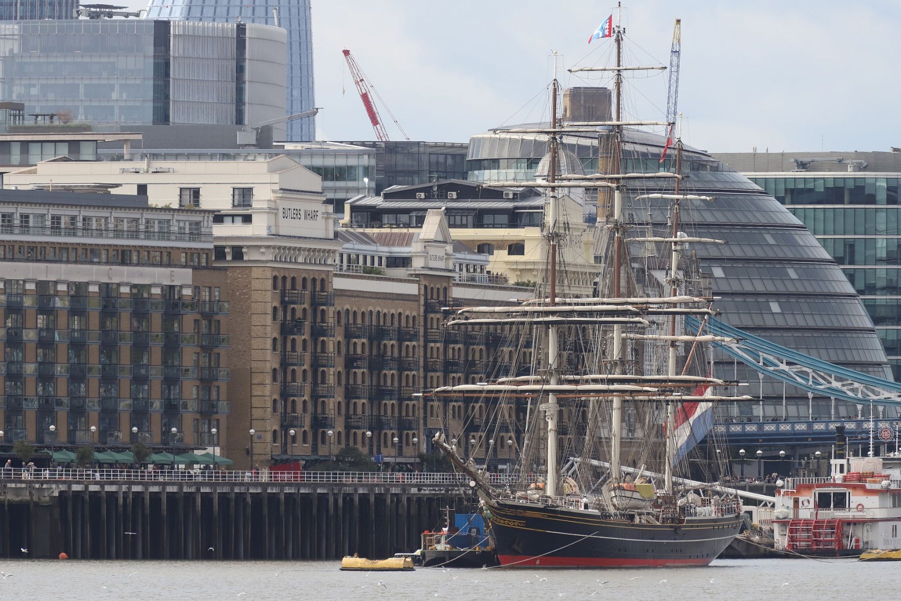 Three masted tall sailing ship Clipper Stad Amsterdam moored at George Stairs, Shad Thames, London. 19-Sep-2022