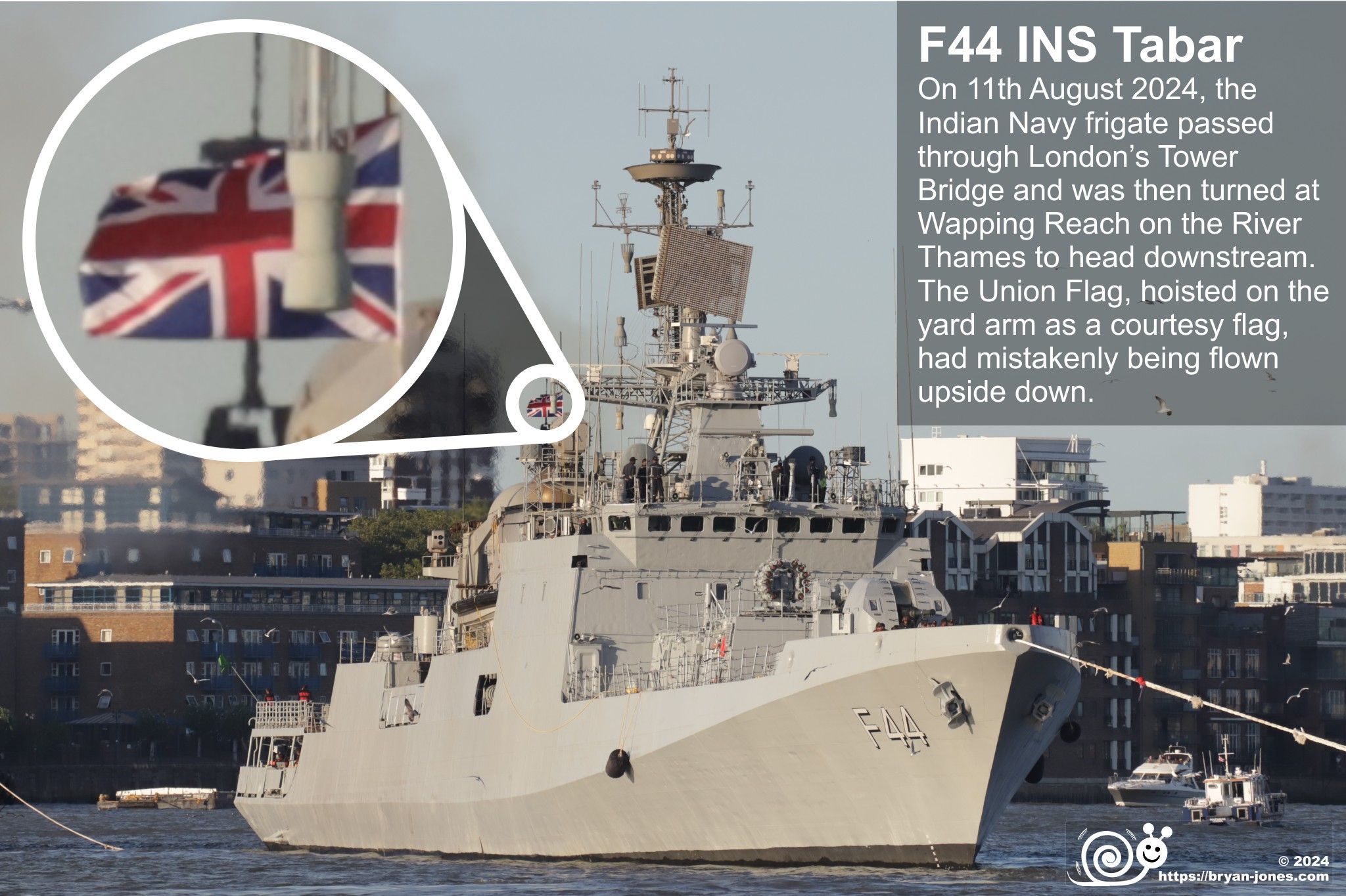 Indian Navy frigate F44 INS Tabar leaving London on 11-Aug-2024 with Union Flag upside down