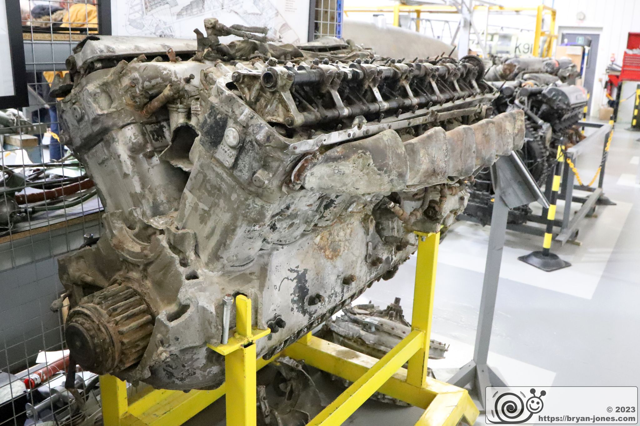Engine on stand in damaged condition