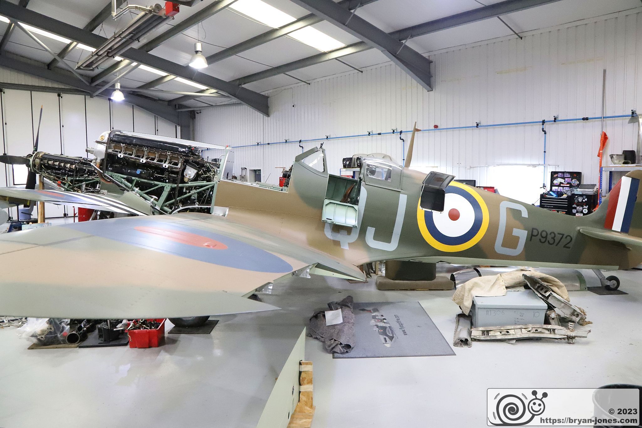 Spitfire Mk Ia P9372 in hangar with no engine cowling