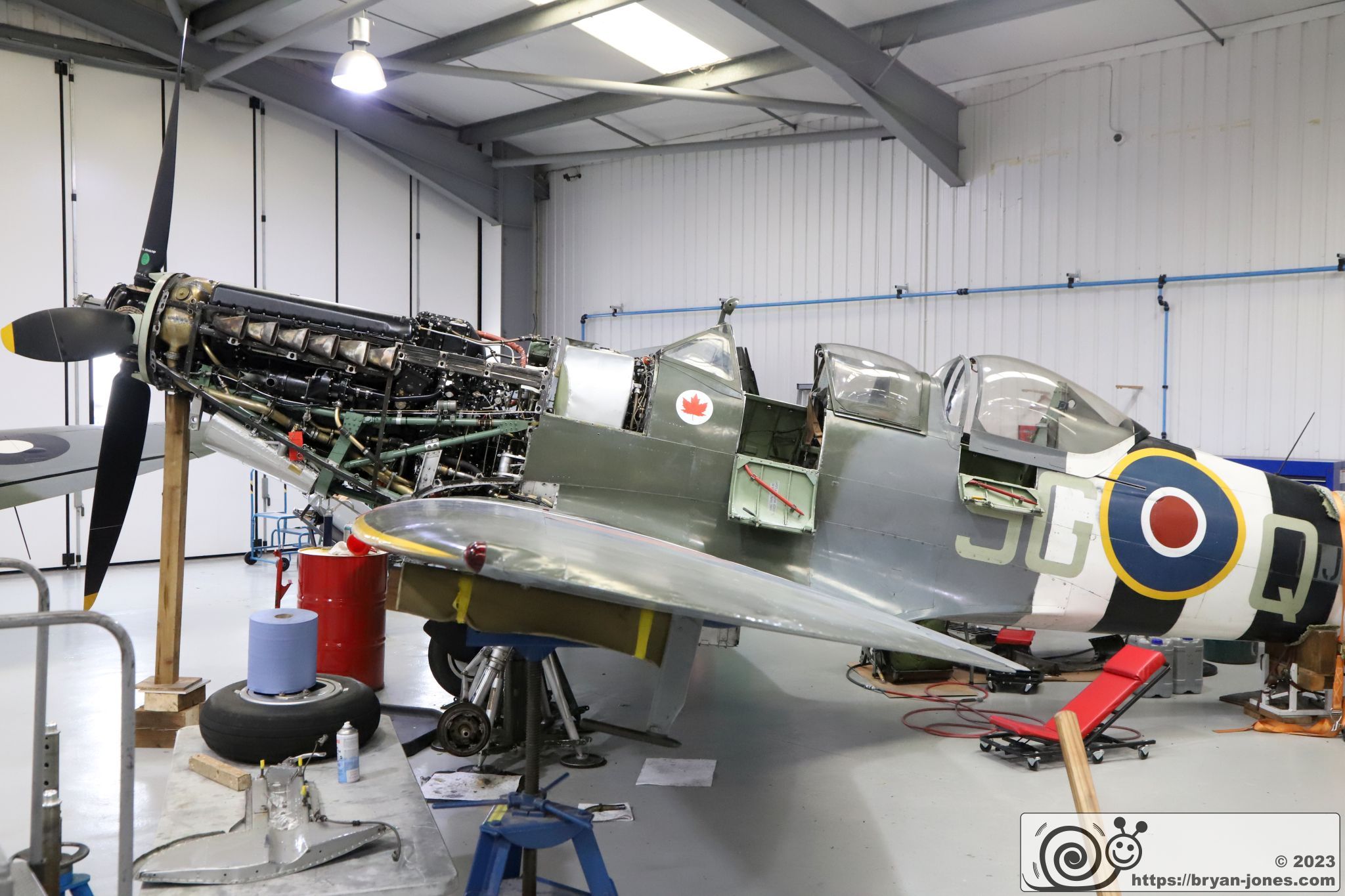 Two seat RCAF 1943 Spitfire T.9 MJ639 under maintenace