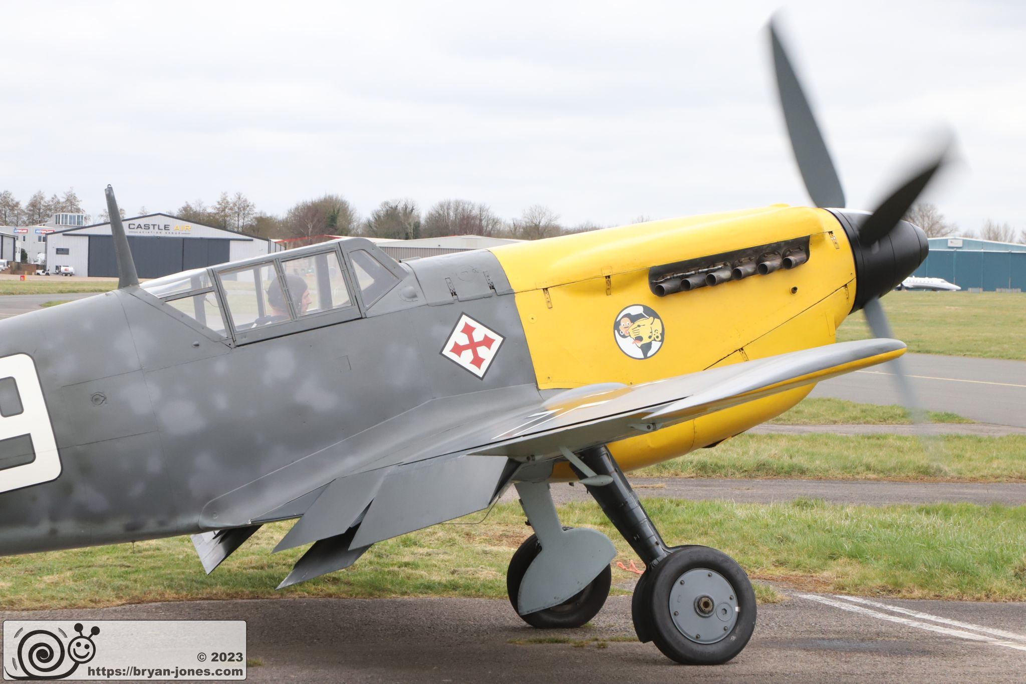 Spanish Hispano Buchon, painted as Bf 109 for BoB film, taxiing