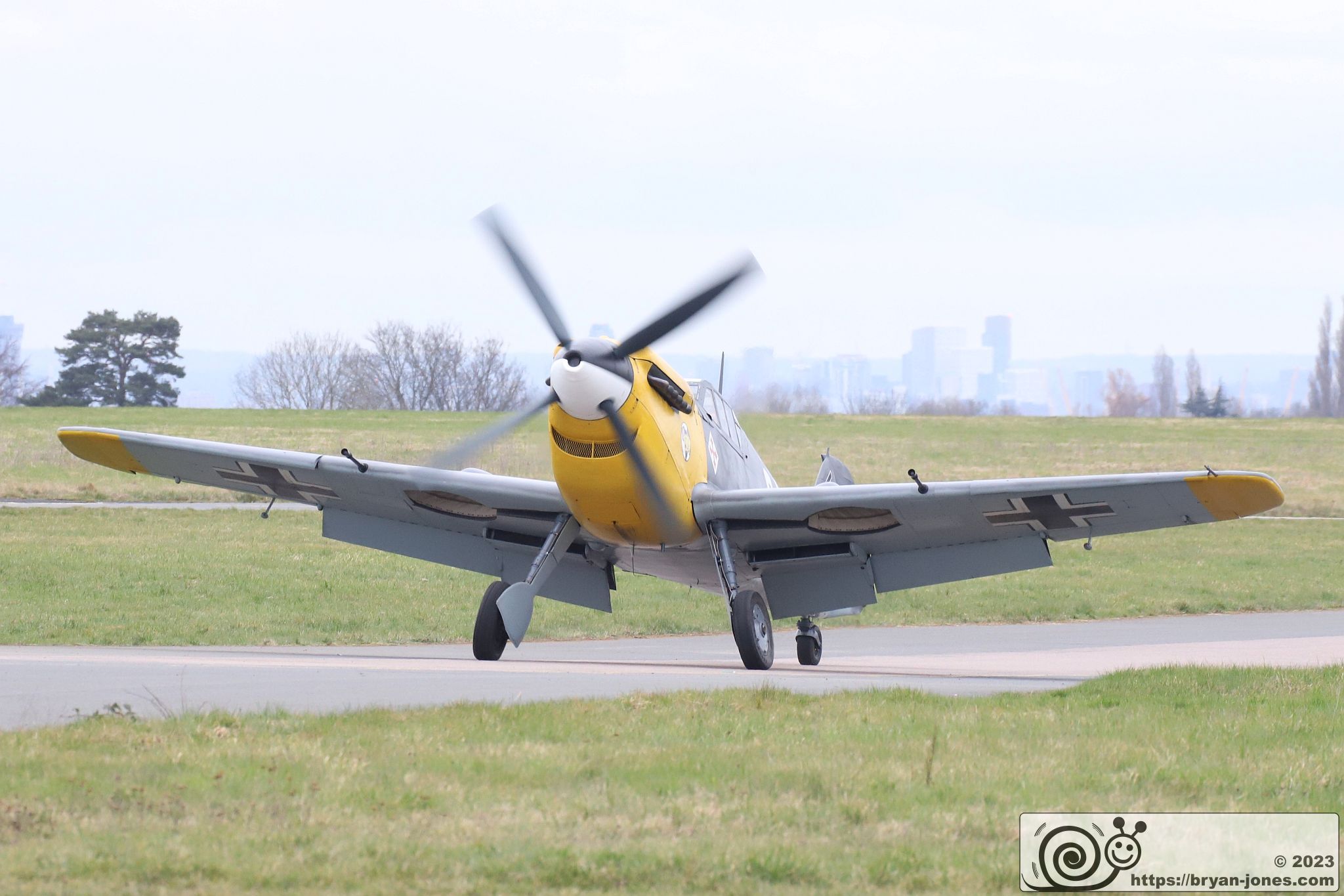 Spanish Hispano Buchon, painted as Bf 109 for BoB film, taxiing