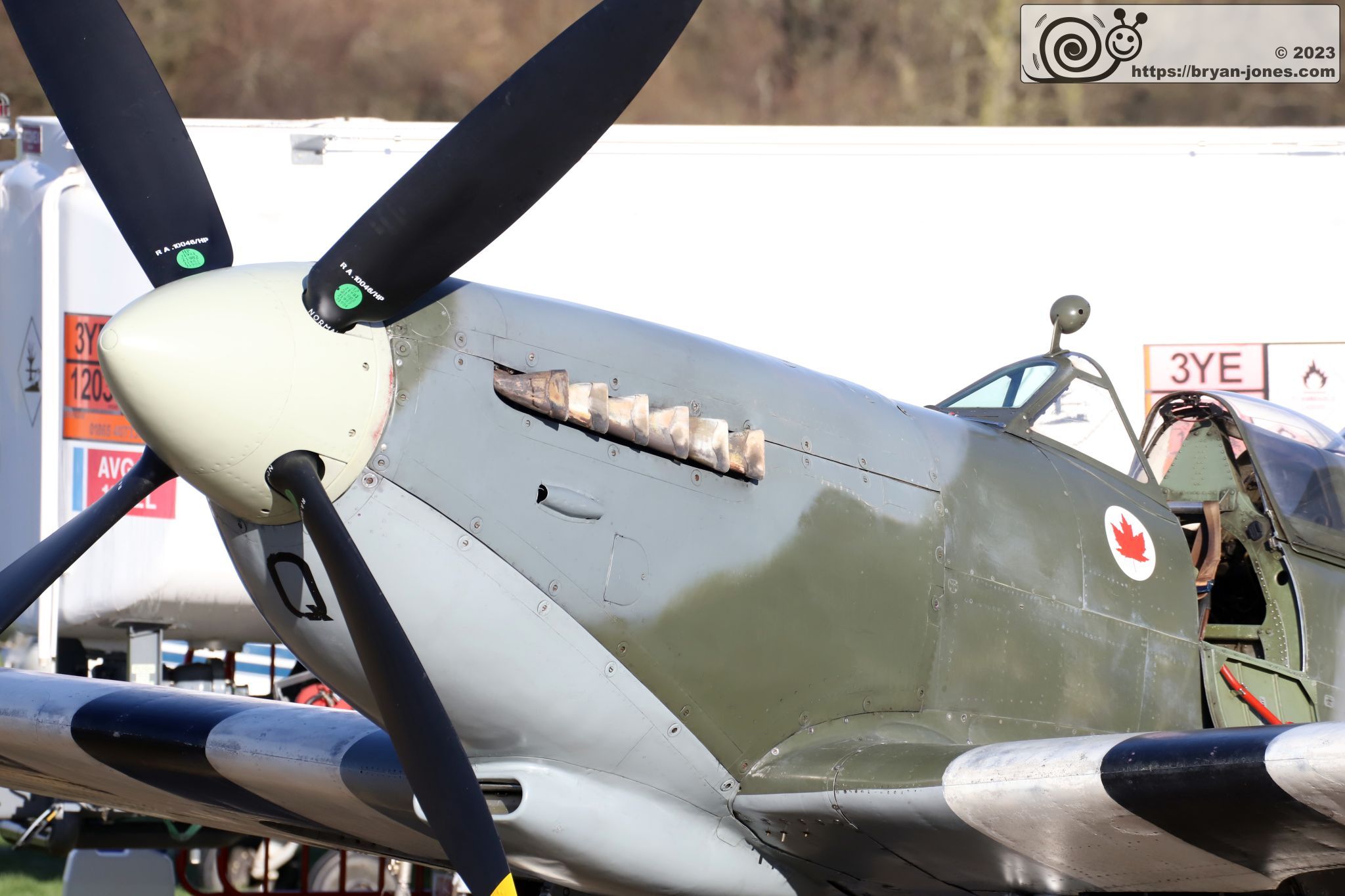 Nose of two seat RCAF 1943 Spitfire T.9 MJ627,  prop stopped