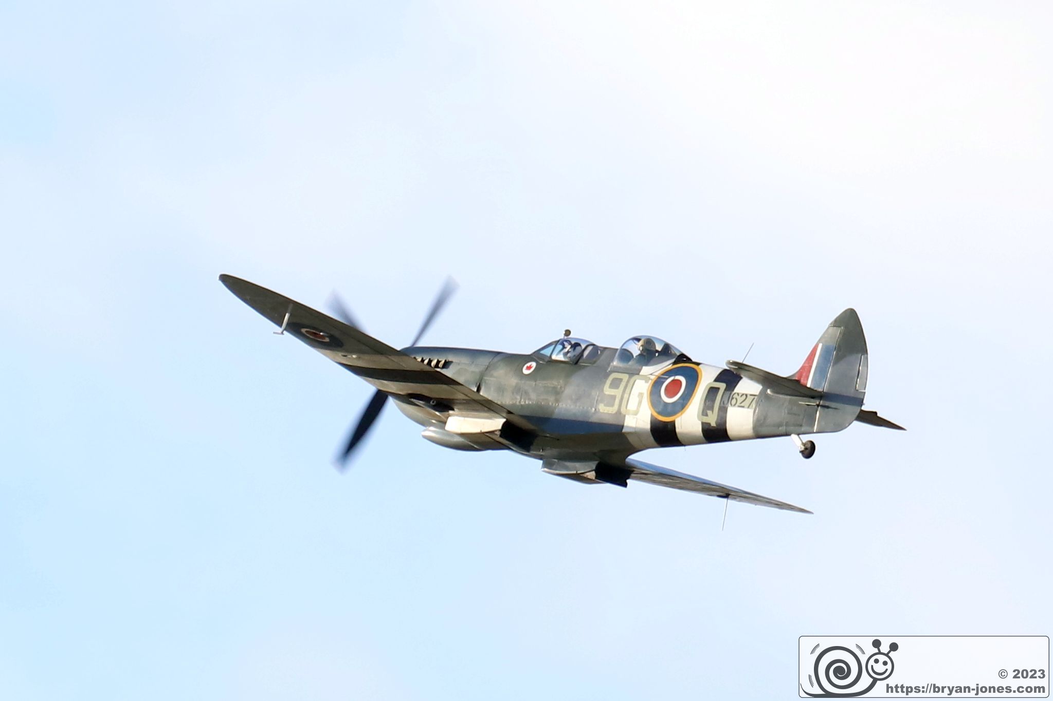 Two seat RCAF 1943 Spitfire T.9 MJ627 banking in the air