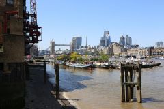 Houseboats and gardens at Tower Bridge moorings on the River Thames in London. Taken on 19-May-2018 during London Open Gardens Weekend. House boat.