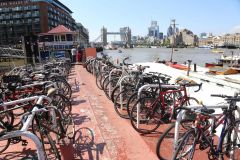 Houseboats and gardens at Tower Bridge moorings on the River Thames in London. Taken on 19-May-2018 during London Open Gardens Weekend. House boat.