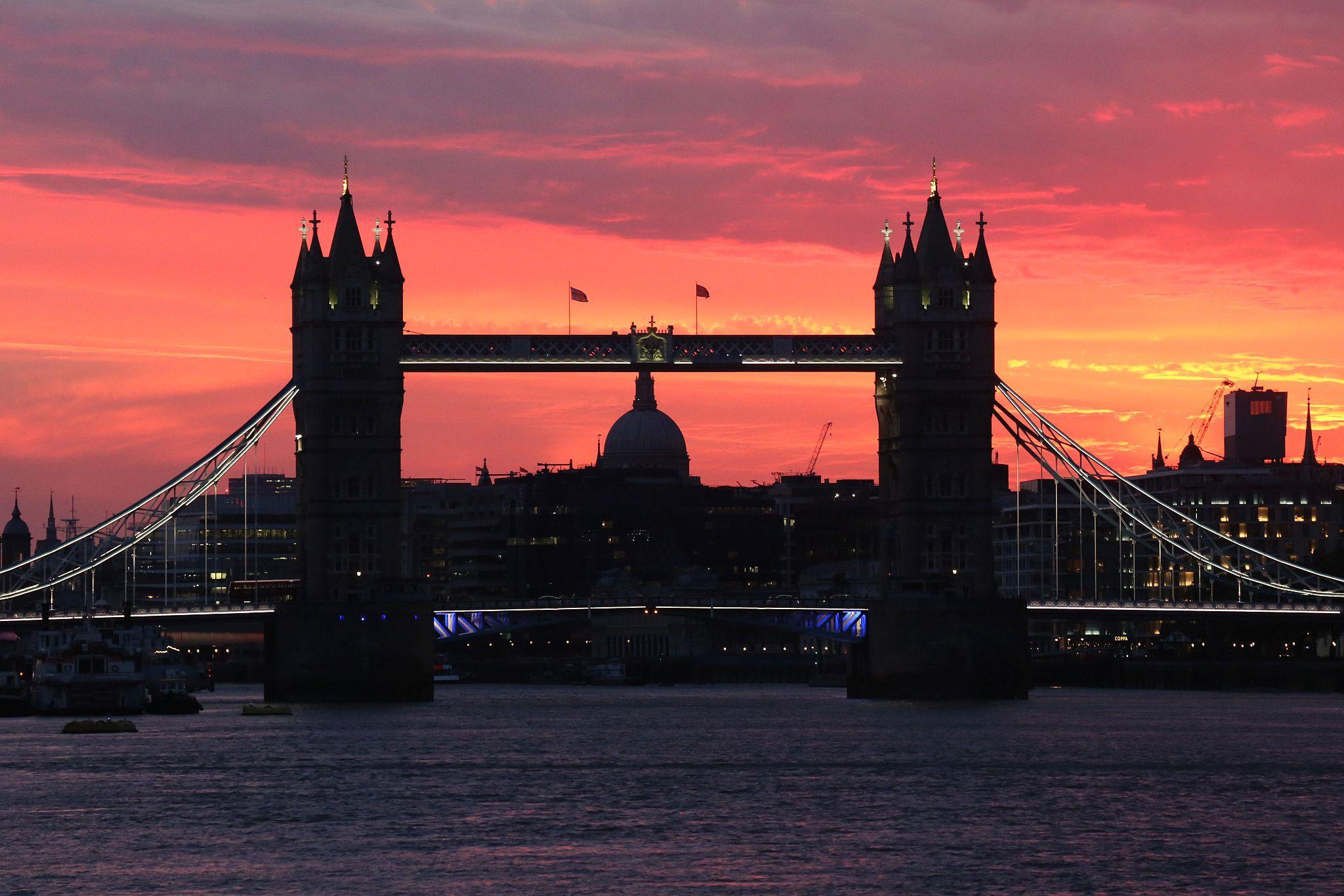 Tower Bridge, on the River Thames in London, at sunset. 31-Jul-2020.