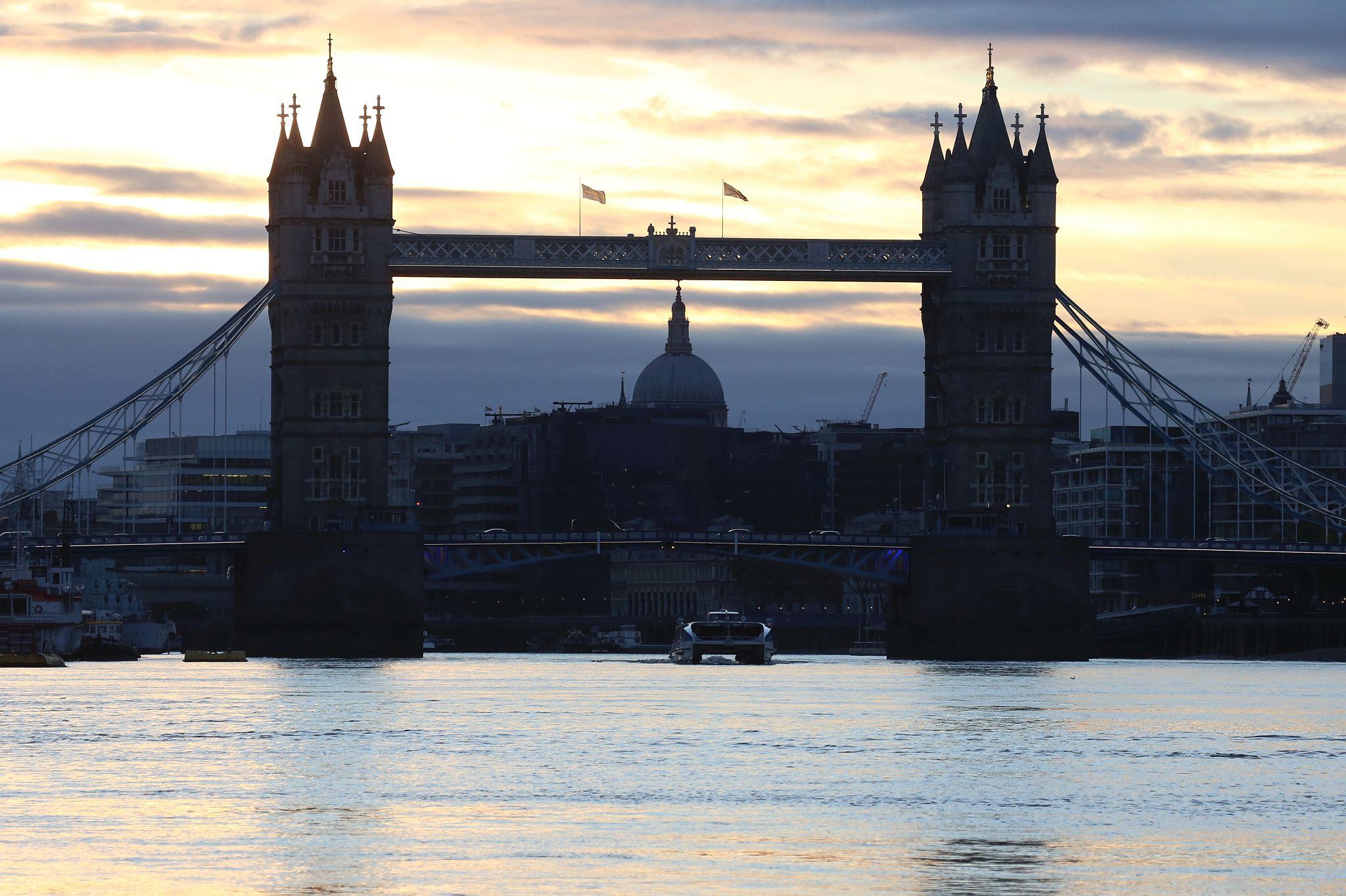 Tower Bridge, on the River Thames in London, at sunset. 05-Aug-2020.