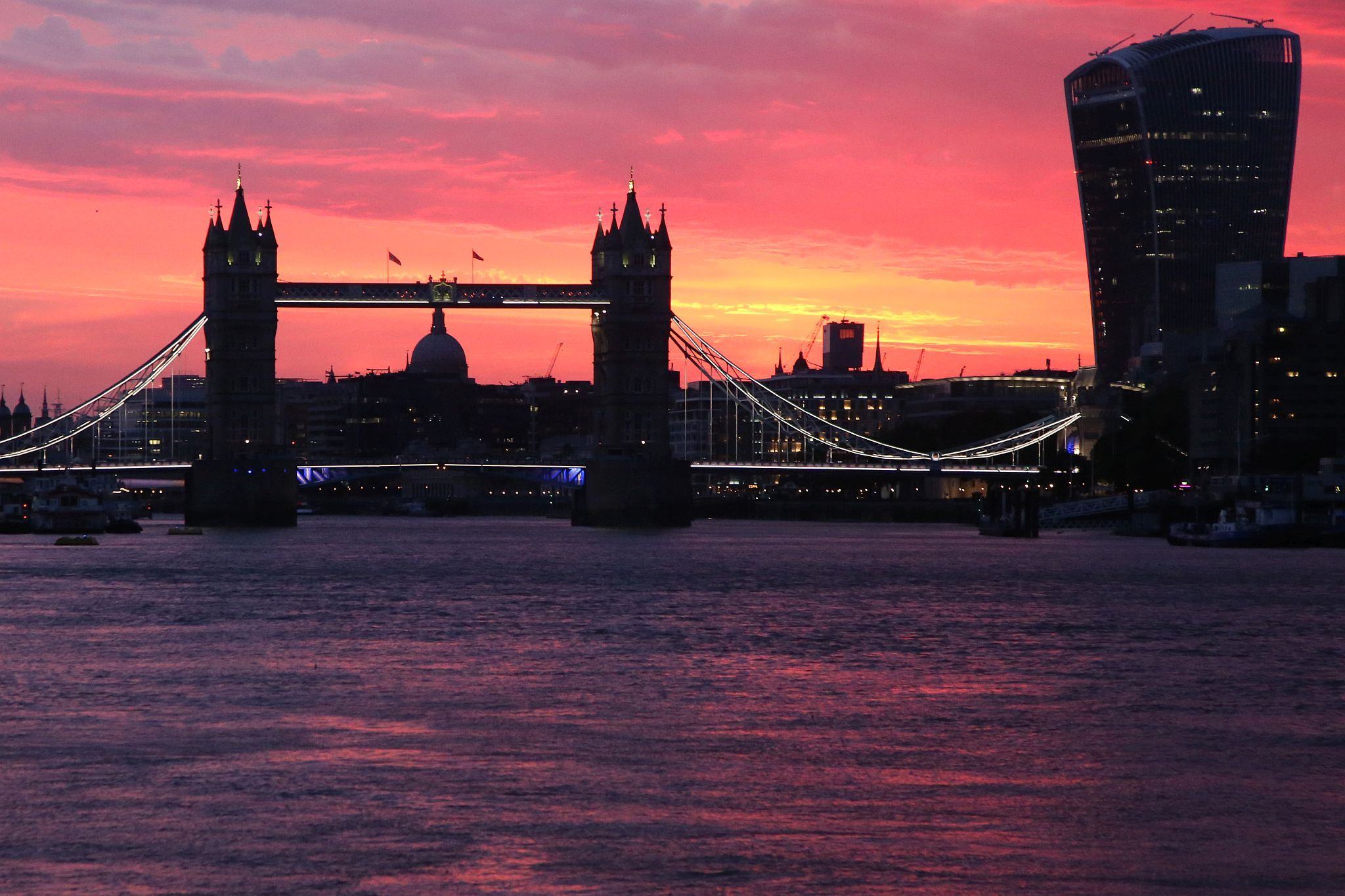 Tower Bridge, on the River Thames in London, at sunset. 31-Jul-2021.