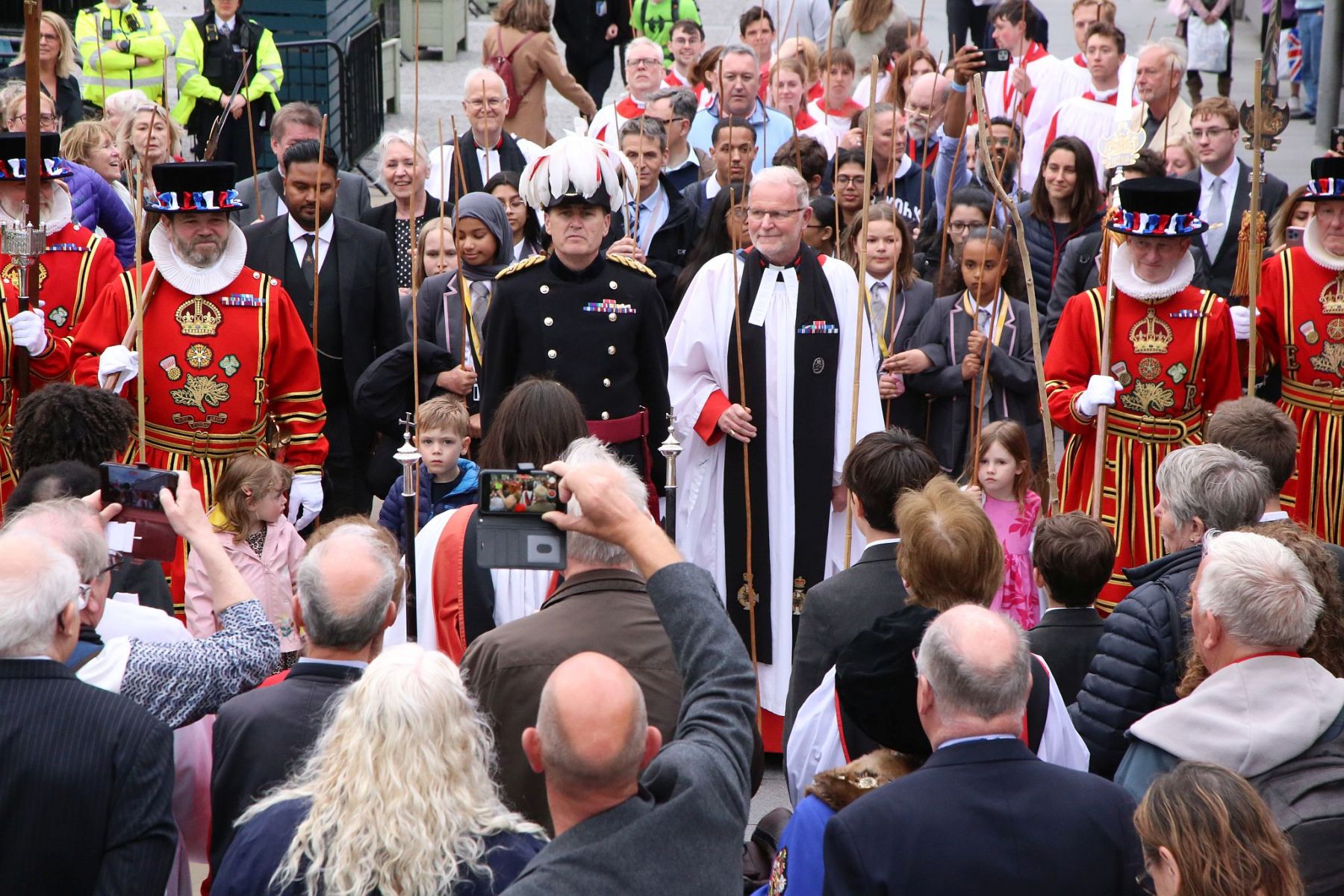 The triennial church battle on Ascension Day (26th May) between the Yeoman Warders (Beefeaters) of The Tower of London and the Clergy of All Hallows by the Tower. about the exact location of the parish (church) boundary.. Beating the Bounds.