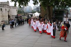 The triennial church battle on Ascension Day (26th May) between the Yeoman Warders (Beefeaters) of The Tower of London and the Clergy of All Hallows by the Tower. about the exact location of the parish (church) boundary.. Beating the Bounds.