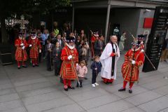 The triennial church battle on Ascension Day (26th May) between the Yeoman Warders (Beefeaters) of The Tower of London and the Clergy of All Hallows by the Tower. about the exact location of the parish (church) boundary.. Beating the Bounds.