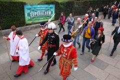The triennial church battle on Ascension Day (26th May) between the Yeoman Warders (Beefeaters) of The Tower of London and the Clergy of All Hallows by the Tower. about the exact location of the parish (church) boundary.. Beating the Bounds.