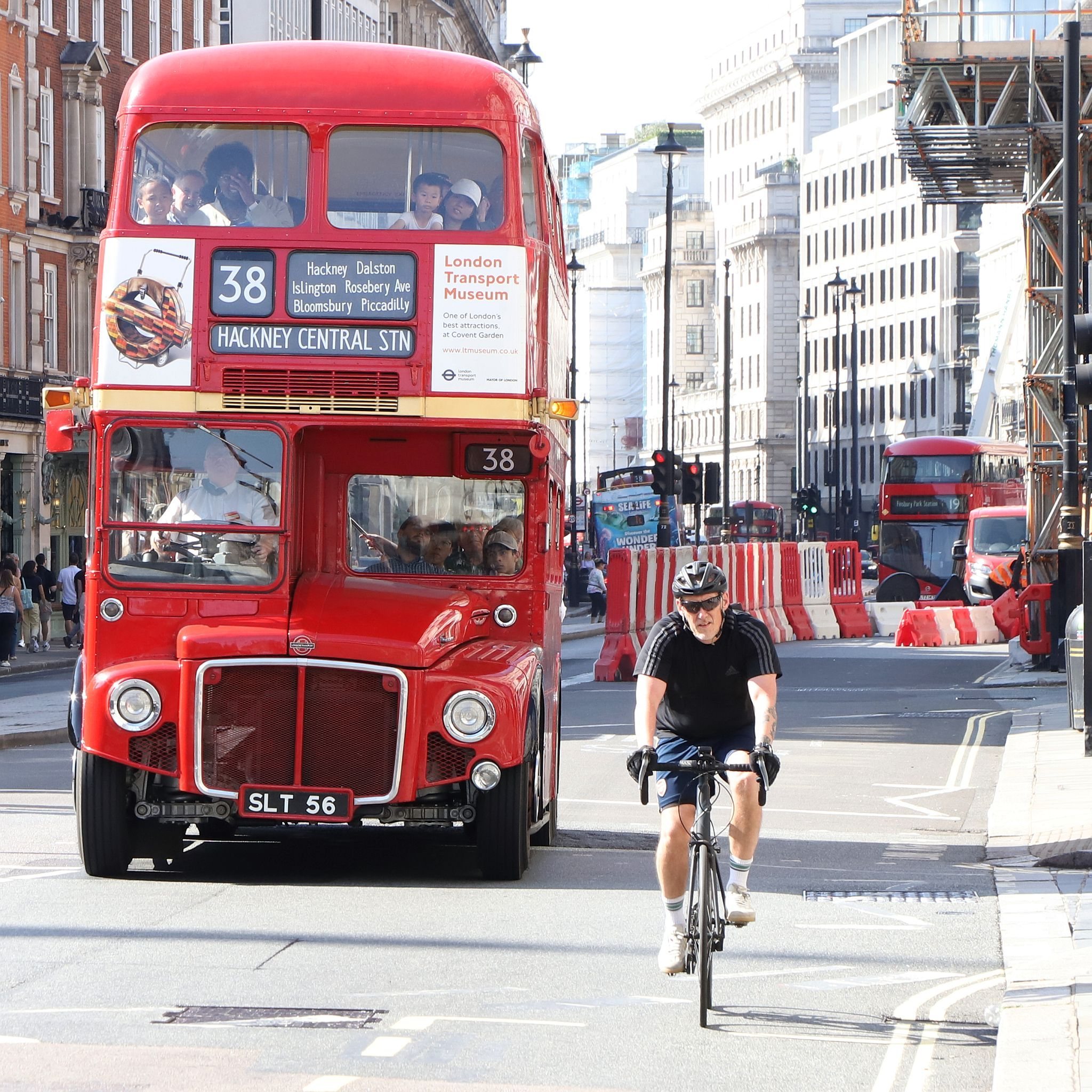 Vintage preserved bus operating route 38 in London on 16-Sep-2023. Routemaster RM. SLT56. Piccadilly.