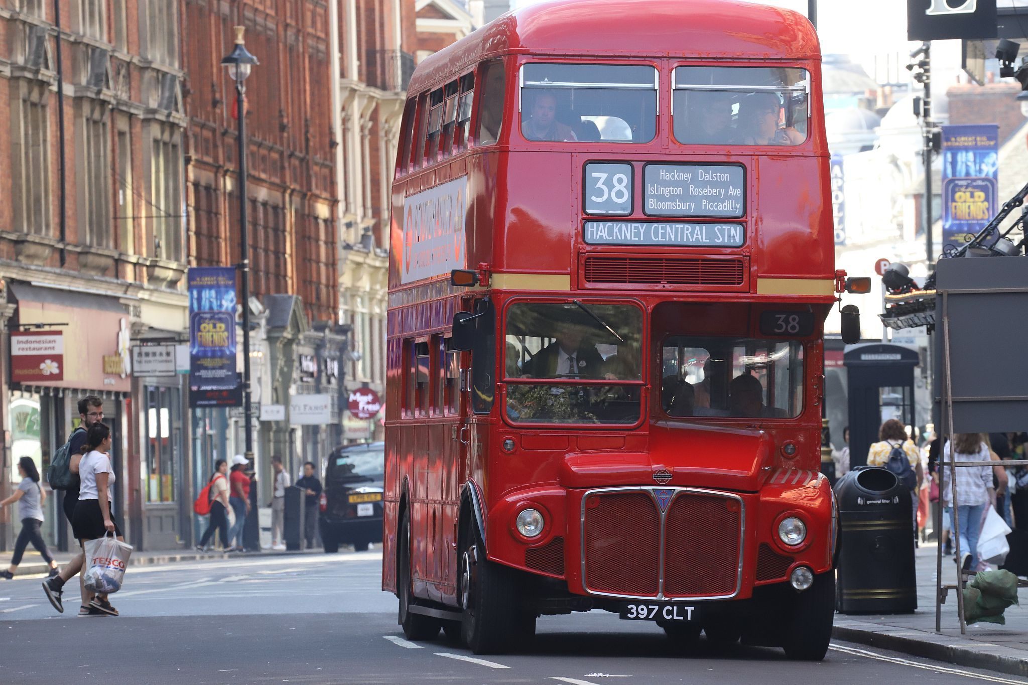 Vintage preserved bus operating route 38 in London on 16-Sep-2023. Routemaster RM. 397CLT. Shaftesbury Avenue.