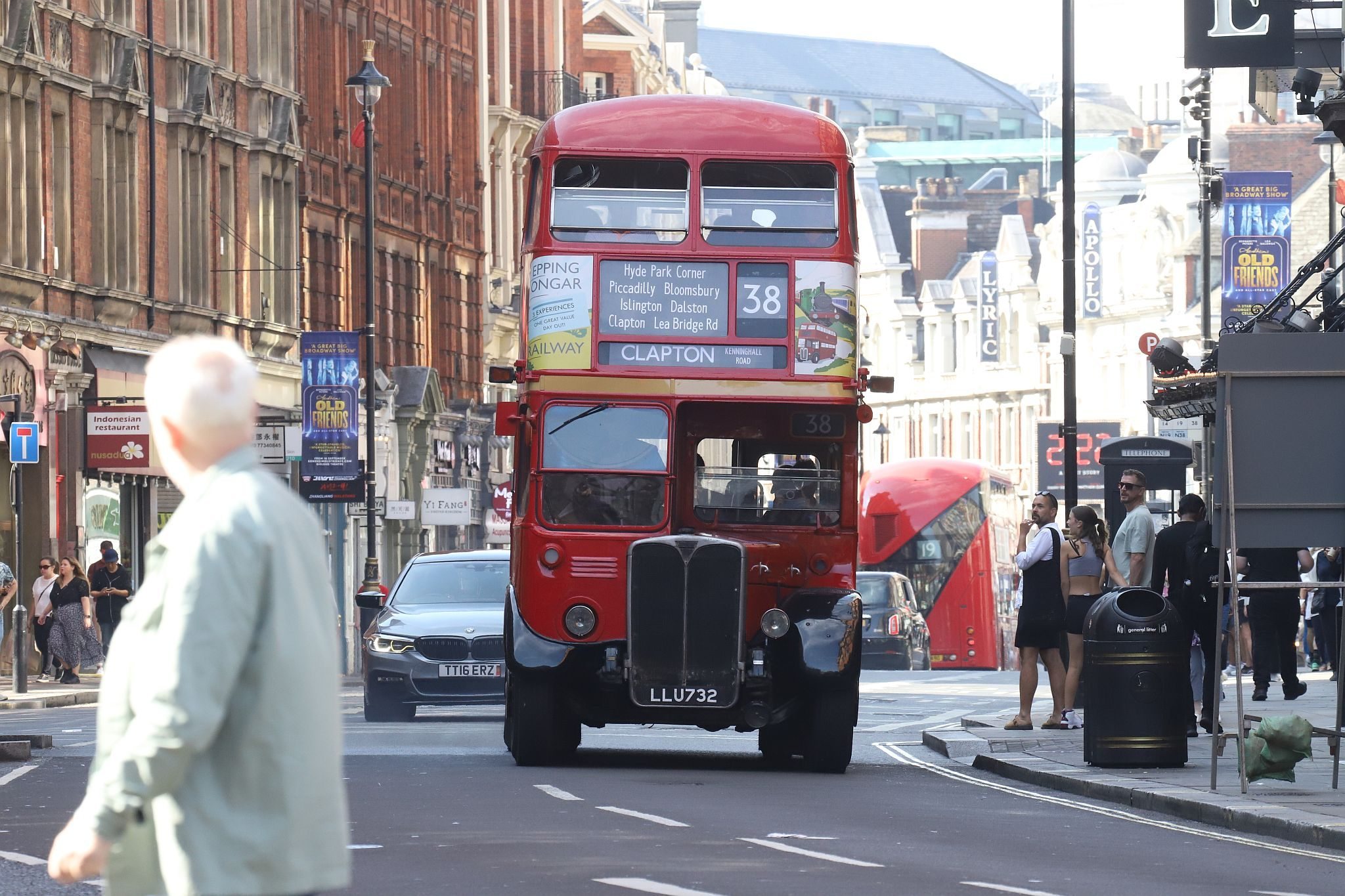 Vintage preserved bus operating route 38 in London on 16-Sep-2023. RT. LLU732. Shaftesbury Avenue.