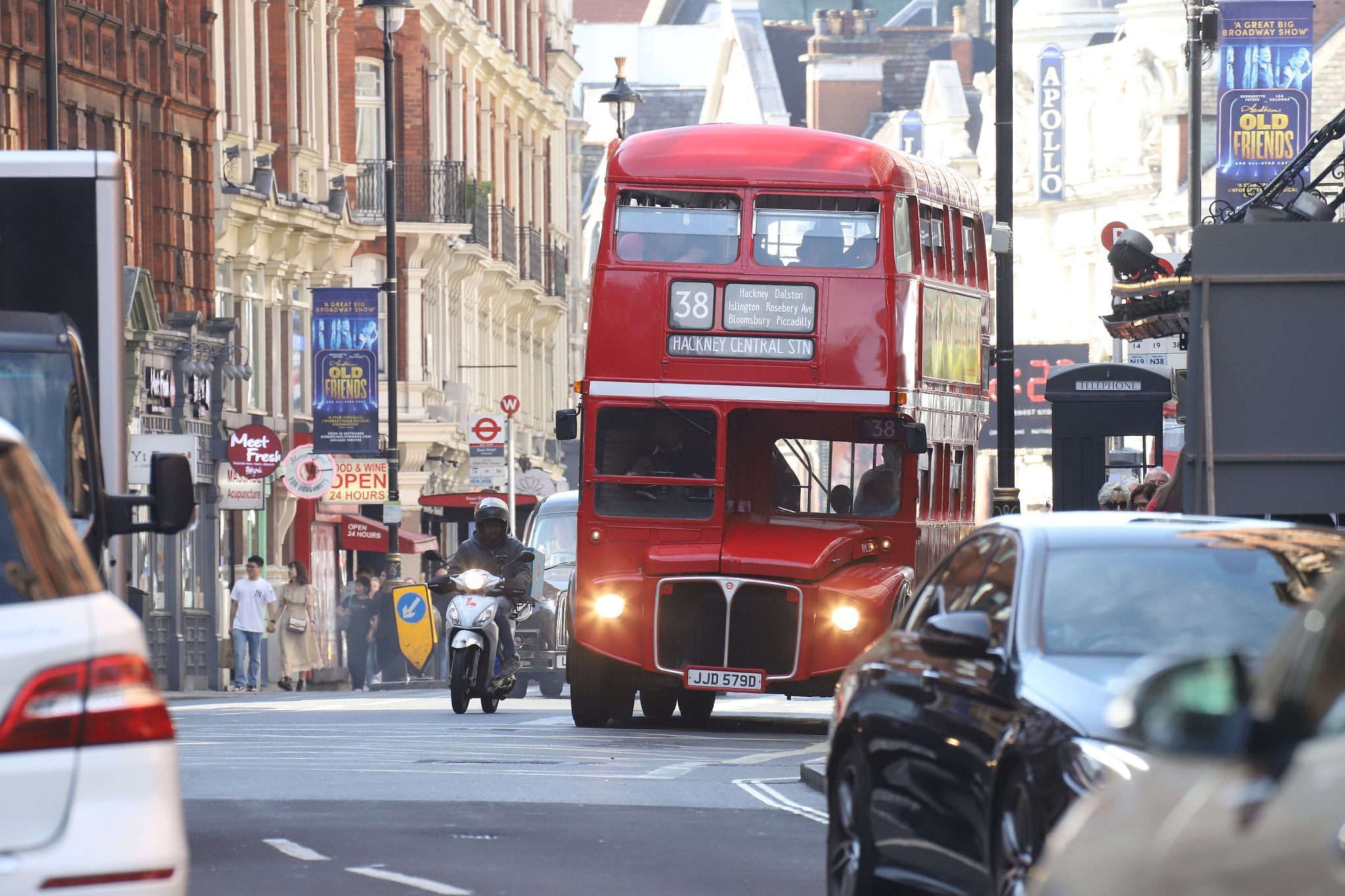 Vintage preserved bus operating route 38 in London on 16-Sep-2023. Routemaster RM. JJD579D. Shaftesbury Avenue.