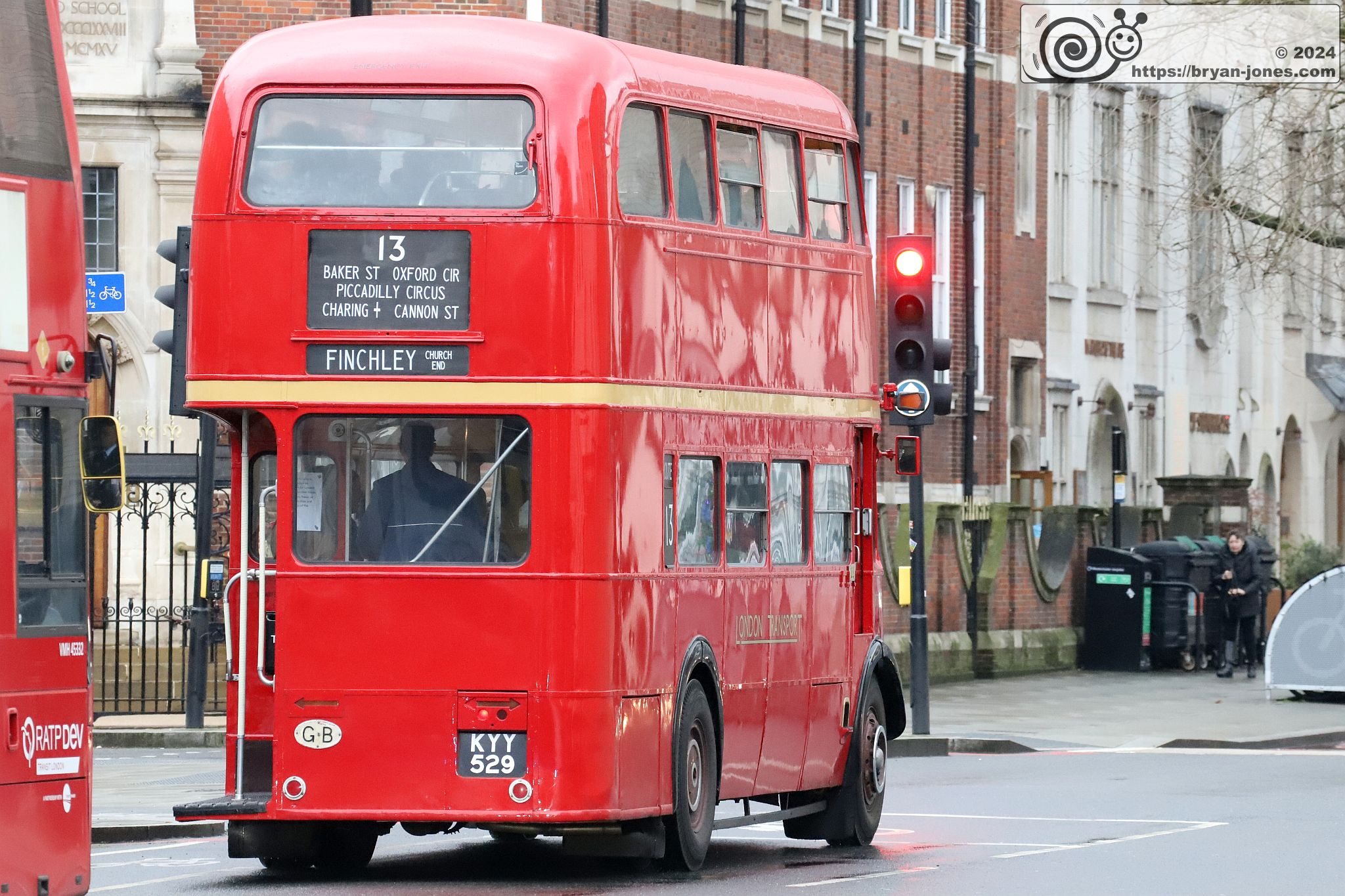KYY529, RT1702. Vintage preserved London double decker RT bus in Park Road heading North from Baker Street, London running a service on 10-Mar-2024.