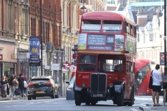 Vintage preserved bus operating route 38 in London on 16-Sep-2023. RT. LLU732. Shaftesbury Avenue.