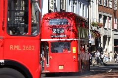 Vintage preserved bus operating route 38 in London on 16-Sep-2023. Routemaster RM. JJD579D. RM2682. Charing Cross Road.