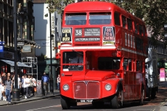 Vintage preserved bus operating route 38 in London on 16-Sep-2023. Routemaster RM. SMK760F. Charing Cross Road.